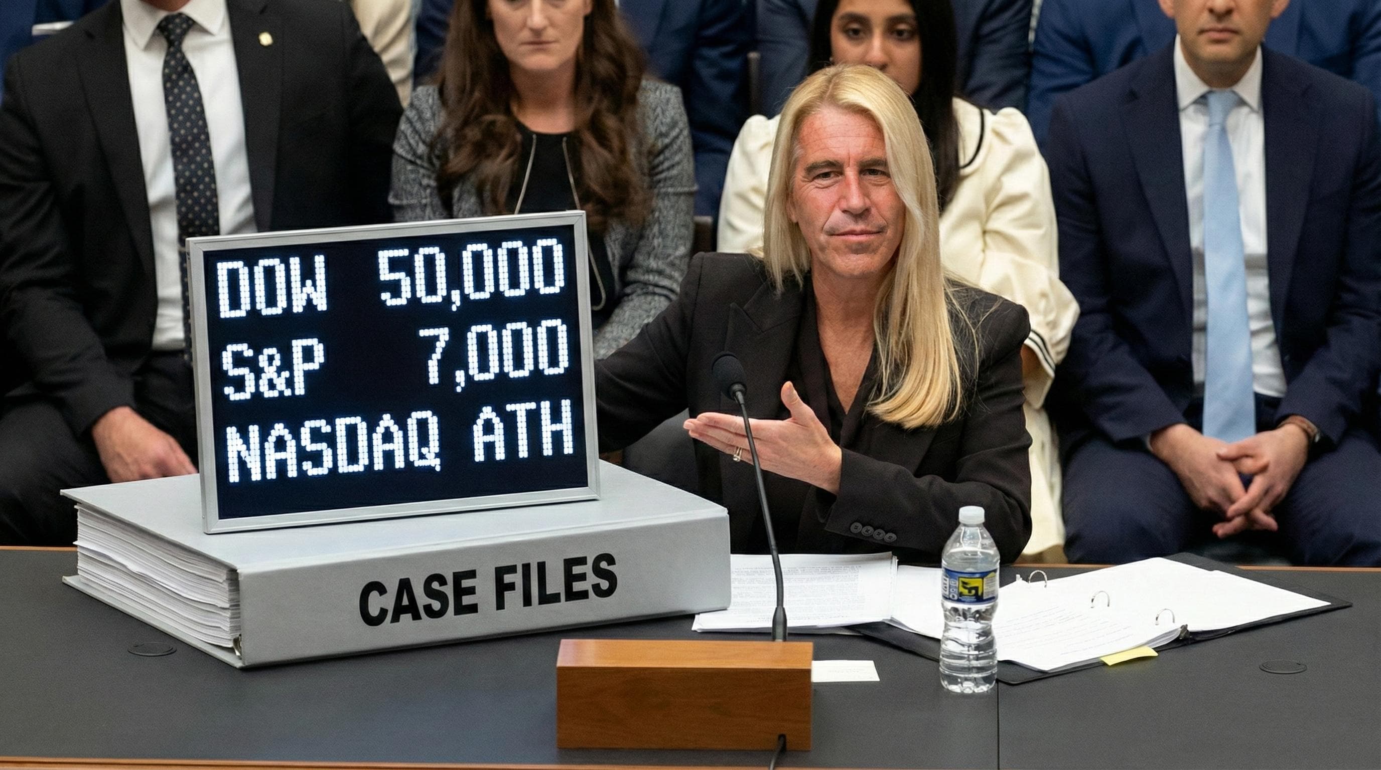 PAMSTEIN testifying at hearing with DOW 50,000 S&P 7,000 NASDAQ ATH display and case files